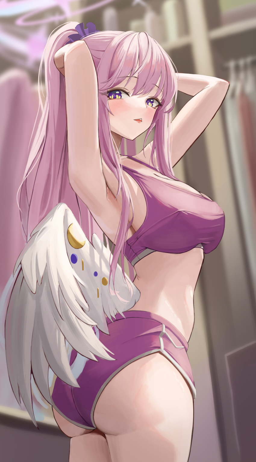 1girl, absurdres, adjusting_hair, alternate_costume, angel_wings, armpits, arms_behind_head, arms_up