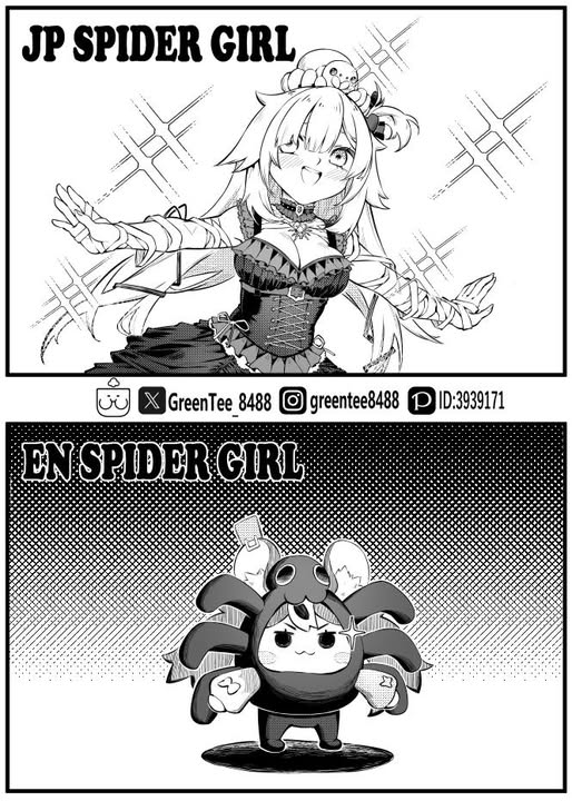 akai_haato, akai_haato_(taranchama_dress), animal_ears, arm_wrap, bug, chibi, commentary, comparison