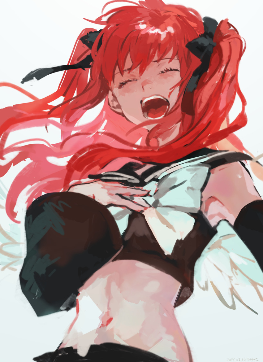 1girl, akaneko_(redakanekocat), armpits, black_ribbon, black_sailor_collar, black_sleeves, bow, bowtie