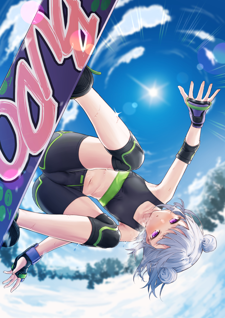 1girl, akizuki_kei, bike_shorts, black_footwear, black_gloves, black_shorts, blue_sky, breath