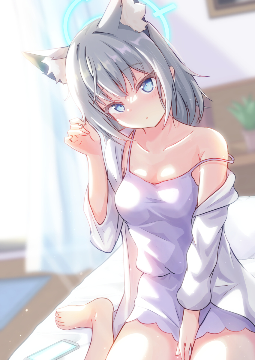 1girl, :o, animal_ear_fluff, animal_ears, barefoot, between_legs, blue_archive, blue_eyes