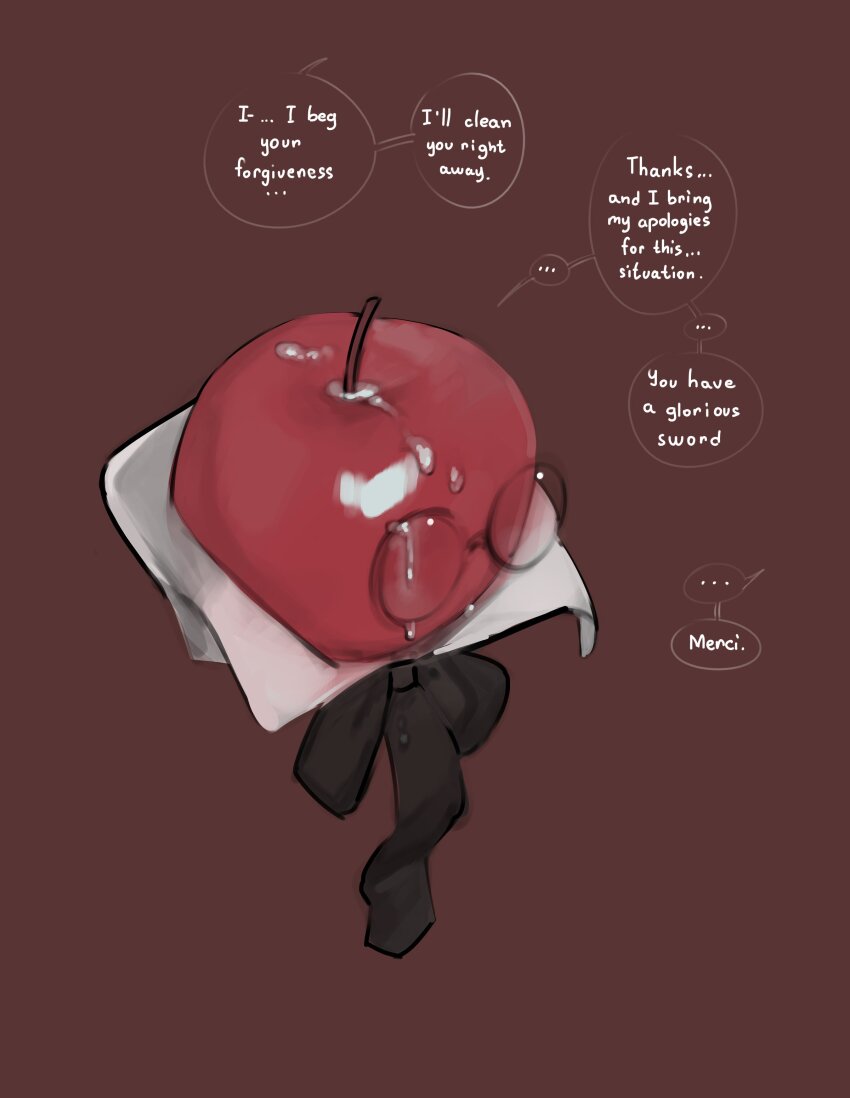 ..., 1boy, 1kogito1, absurdres, apple_(reverse:1999), bow, bowtie, commentary, detached_collar, english_commentary, english_text, floating, food, french_text, fruit, highres, looking_to_the_side, male_focus, no_humans, red_background, reverse:1999, round_eyewear, speech_bubble, spoken_ellipsis, suggestive_fluid, talking, translated