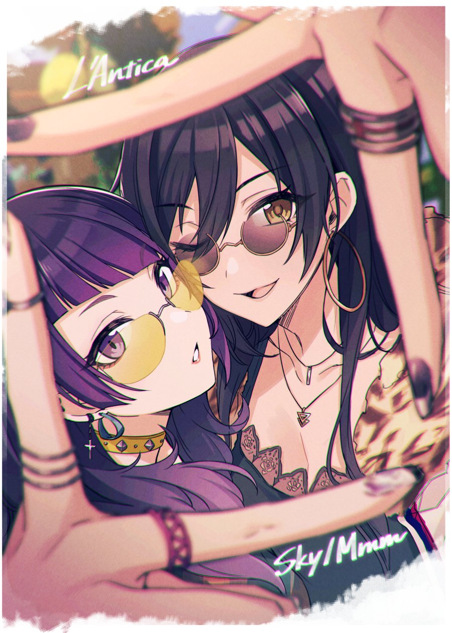 2girls, black_hair, blurry, brown_eyes, depth_of_field, finger_frame, finger_frame_duo, highres