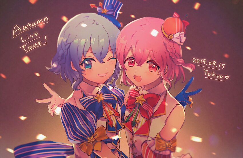 1boy, 1girl, :d, backlighting, blue_bow, blue_eyes, blue_hair, blue_hat