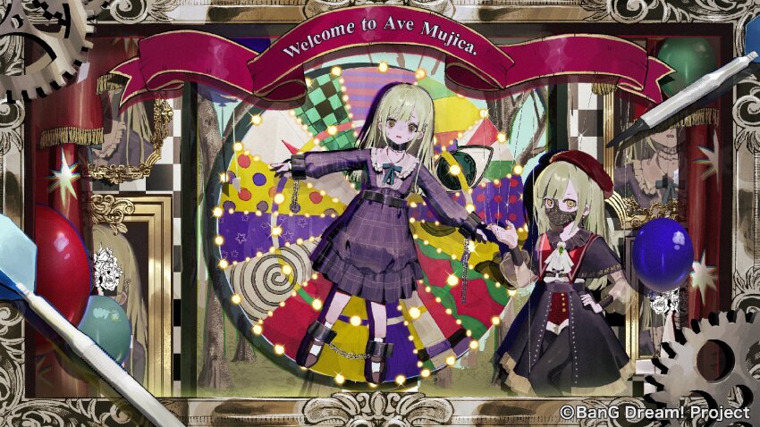 2girls, @_@, ascot, balloon, bang_dream!, bang_dream!_it's_mygo!!!!!, beret, black_mask