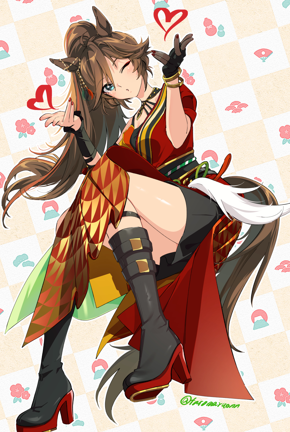 1girl, animal_ears, aqua_eyes, bangle, black_boots, black_gloves, black_skirt, blowing_kiss