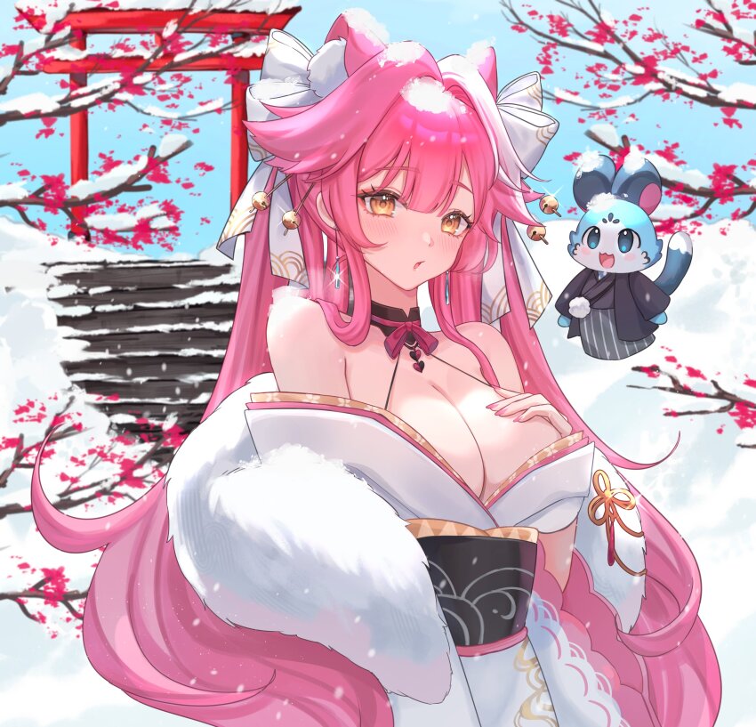 1girl, absurdres, animal_ears, bell, bow, breasts, chattino_(raora_panthera), cherriuna, cleavage, commentary, detached_collar, double-parted_bangs, earrings, eyelashes, feather_boa, floating, floating_object, flower, furisode, hair_bow, hair_flaps, hair_intakes, halterneck, hand_on_own_chest, highres, hololive, hololive_english, japanese_clothes, jewelry, jingle_bell, kimono, large_breasts, light_blush, long_hair, long_sleeves, looking_at_viewer, montsuki, nail_polish, obi, obiage, off_shoulder, official_alternate_costume, official_alternate_hairstyle, panther_ears, panther_girl, panther_tail, parted_lips, pink_hair, pink_nails, raora_panthera, raora_panthera_(new_year), red_flower, sash, snow, solo, spaghetti_strap, stairs, string_choker, tail, tassel, torii, tree, twintails, very_long_hair, virtual_youtuber, white_kimono, yellow_eyes