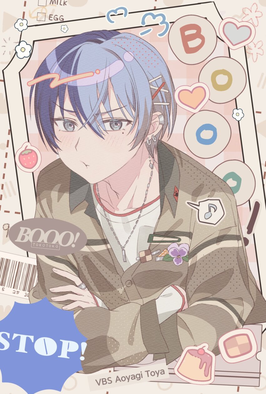 1boy, aoyagi_touya, barcode, blue_hair, booo!_(vocaloid), buttons, cherry, collared_shirt