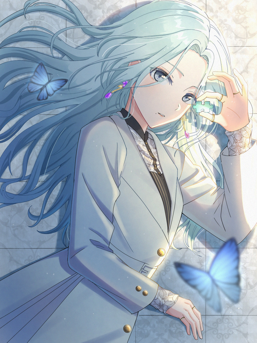 1girl, aose_(aose_pp), aqua_eyes, aqua_hair, belt, belt_buckle, blue_butterfly, buckle