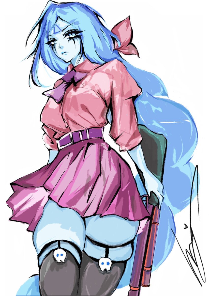 1girl, belt, blue_hair, blue_skin, bow, breasts, colored_skin, cowboy_shot