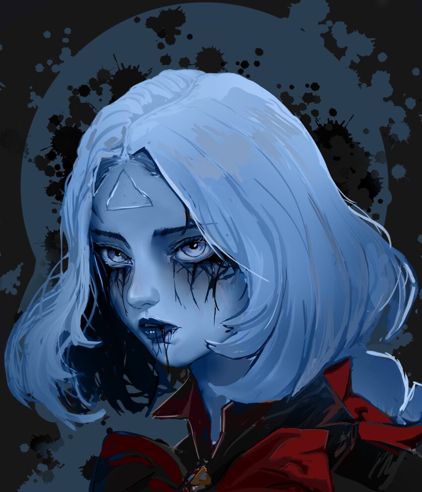 1girl, blue_eyes, blue_hair, blue_skin, bow, close-up, colored_skin, deadlock_(game)