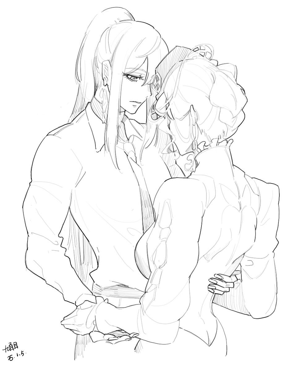 2girls, black_dress, breasts, collar, collared_shirt, couple, dress, earrings, flower, frilled_collar, frills, hat, hyoutukiko, jelena_(path_to_nowhere), jewelry, large_breasts, long_hair, long_sleeves, monochrome, multiple_girls, muscular, muscular_female, necktie, path_to_nowhere, puffy_sleeves, rahu_(path_to_nowhere), shirt, white_shirt, yuri