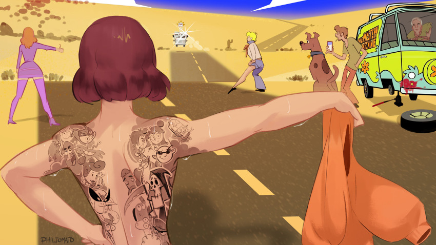 2girls, 3boys, absurdres, adventure_time, arm_up, back, back_tattoo, birdman_(series), blonde_hair, blood, blooregard_q_kazoo, blue_sky, bound, bound_arms, bound_torso, brown_hair, captain_k'nuckles, character_tattoo, chicken_(cow_&amp;_chicken), codename:_kids_next_door, commentary, copyright_request, daphne_blake, day, dexter's_laboratory, dexter_(dexter's_laboratory), dog, dress, english_commentary, facing_away, finn_the_human, foster's_home_for_imaginary_friends, fred_jones, from_behind, grim_(grim_adventures), hand_on_own_hip, hi_hi_puffy_amiyumi, highres, holding, holding_unworn_clothes, i.m._weasel, i_am_weasel, jake_the_dog, jeffrey_epstein, long_hair, long_sleeves, looking_afar, multiple_boys, multiple_girls, nude, numbuh_1, oonuki_ami, orange_hair, outdoors, outstretched_arm, pants, philtomato, road, rope, scooby-doo, scooby-doo_(series), shaggy_rogers, shirt, short_dress, short_hair, sky, standing, sweat, sweet_tooth, tattoo, the_flintstones, the_grim_adventures_of_billy_&amp;_mandy, the_jetsons, the_marvelous_misadventures_of_flapjack, thighhighs, thumbs_up, twisted_metal, unworn_clothes, velma_dinkley, wilma_flintstone, wilt, yoshimura_yumi