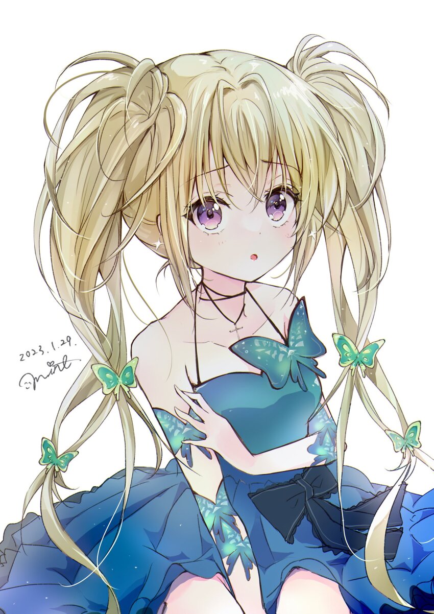 1girl, bare_shoulders, blonde_hair, blue_dress, bug, butterfly, commentary_request, cross