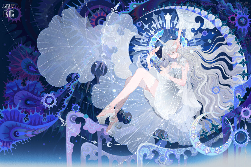 1girl, abstract_background, absurdly_long_hair, absurdres, ad_lunam_(shining_nikki), artist_request, bare_legs, blue_background, bracelet, chinese_commentary, circlet, closed_eyes, closed_mouth, commentary_request, copyright_name, crescent, dress, fake_horns, floating_hair, full_body, grey_dress, grey_footwear, grey_hair, hair_between_eyes, hand_on_another's_head, hand_on_hand, highres, holding_hands, horns, invisible_chair, jewelry, layered_dress, lipstick, logo, long_dress, long_hair, makeup, necklace, nikki_(series), official_art, official_wallpaper, red_lips, sandals, second-party_source, shining_nikki, shoulder_pads, single_horn, sitting, smile, solo_focus, strapless, strapless_dress, very_long_hair, wavy_hair, white_horns