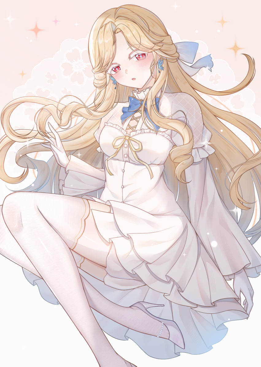 1girl, absurdres, blonde_hair, blue_bow, blue_bowtie, blue_pupils, bow, bowtie, bright_pupils, brown_background, butterfly_earrings, buttons, check_copyright, collared_shirt, colored_eyelashes, copyright_request, cross-laced_clothes, cross-laced_top, dress, earrings, fishnets, foot_out_of_frame, frilled_dress, frilled_shirt_collar, frilled_sleeves, frills, gloves, hair_bow, hand_up, high_heels, highres, infinity_nikki, jewelry, layered_sleeves, light_blush, light_particles, long_hair, long_sleeves, nikki_(series), parted_bangs, parted_lips, pleated_sleeves, puffy_short_sleeves, puffy_sleeves, red_eyes, ribbon, ringlets, see-through_clothes, see-through_thighhighs, shirt, shirt_under_dress, short_dress, short_over_long_sleeves, short_sleeves, sidelocks, sitting, solo, sparkle, stiletto_heels, strapless, strapless_dress, thighhighs, two-tone_background, very_long_hair, vincente, white_background, white_dress, white_footwear, white_gloves, white_shirt, white_thighhighs, yellow_ribbon