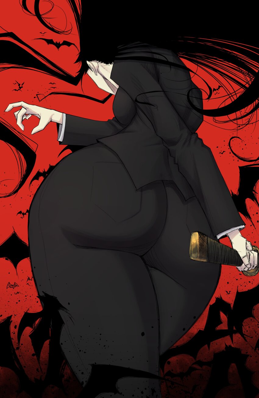 1girl, absurdres, ass, black_hair, formal_clothes, highres, holding, holding_weapon