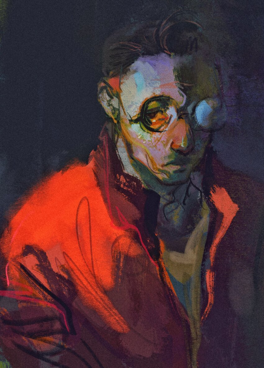 1boy, black-framed_eyewear, black_background, black_eyes, black_hair, disco_elysium, expressionless, glasses