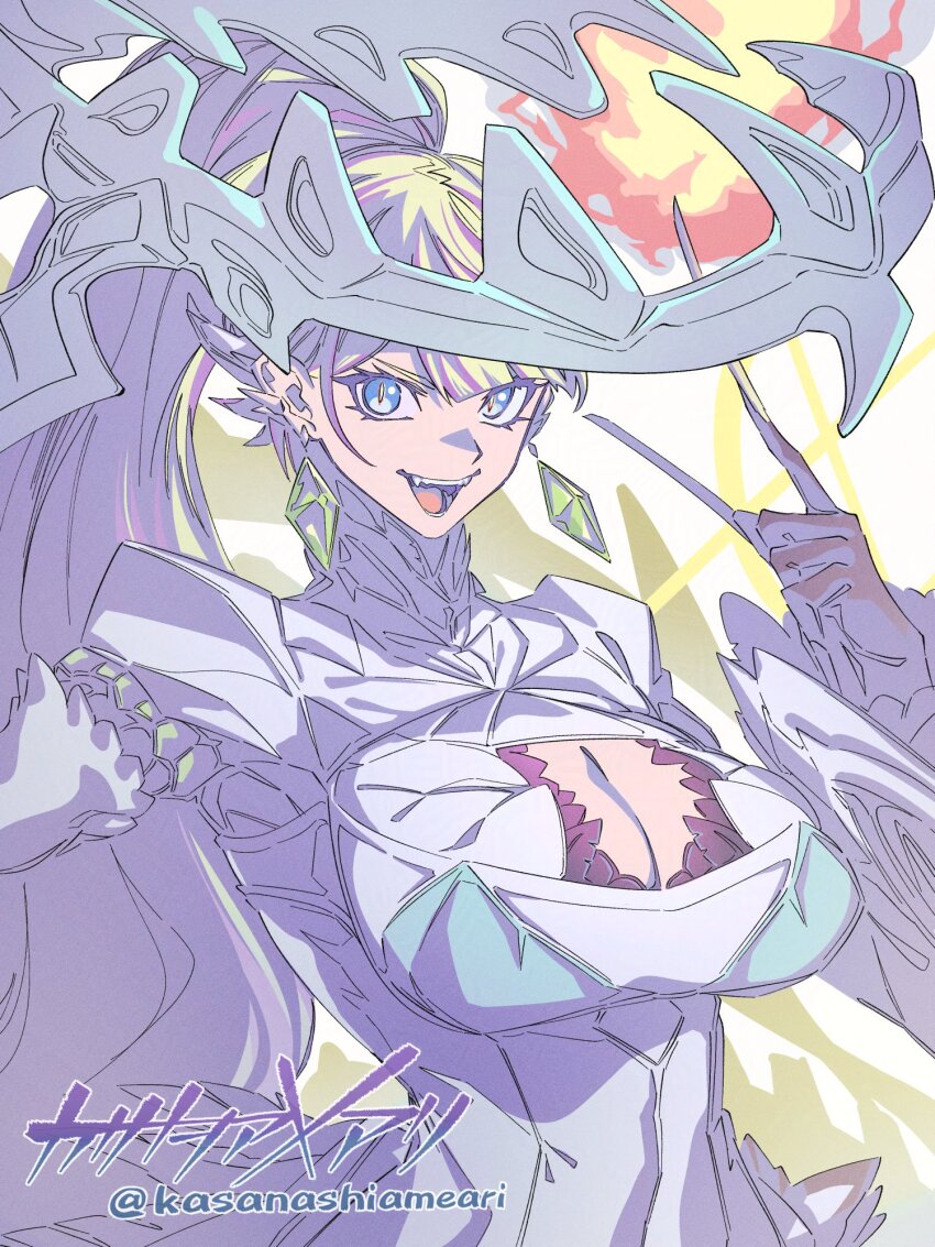 1girl, :d, blonde_hair, blue_eyes, breasts, cleavage, diabellze_the_original_sinkeeper, diabellze_the_white_witch