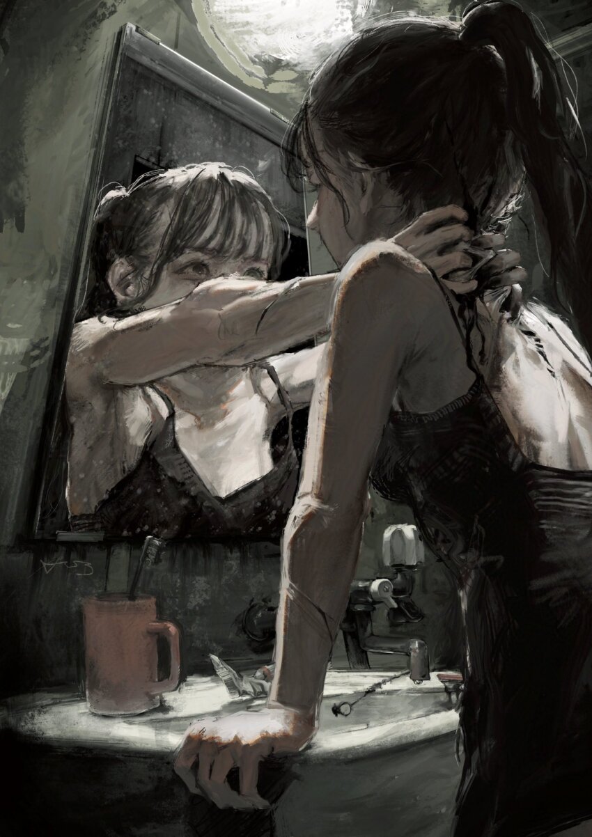 1girl, arai_bokuseki, armpits, arms_up, bathroom, black_dress, black_eyes, black_hair