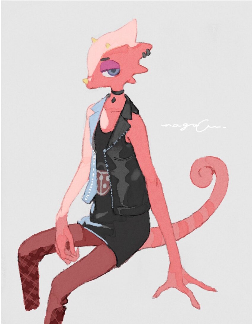 1boy, animal_crossing, animal_crossing:_new_horizons, arm_support, bare_shoulders, black_choker, black_shirt, black_vest