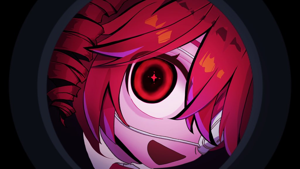 1girl, drill_hair, eyepatch, hair_between_eyes, kasane_teto, looking_at_viewer, medical_eyepatch, monitoring_(vocaloid), open_mouth, pov_peephole, red_eyes, red_hair, smile, solo, utau, yasai31