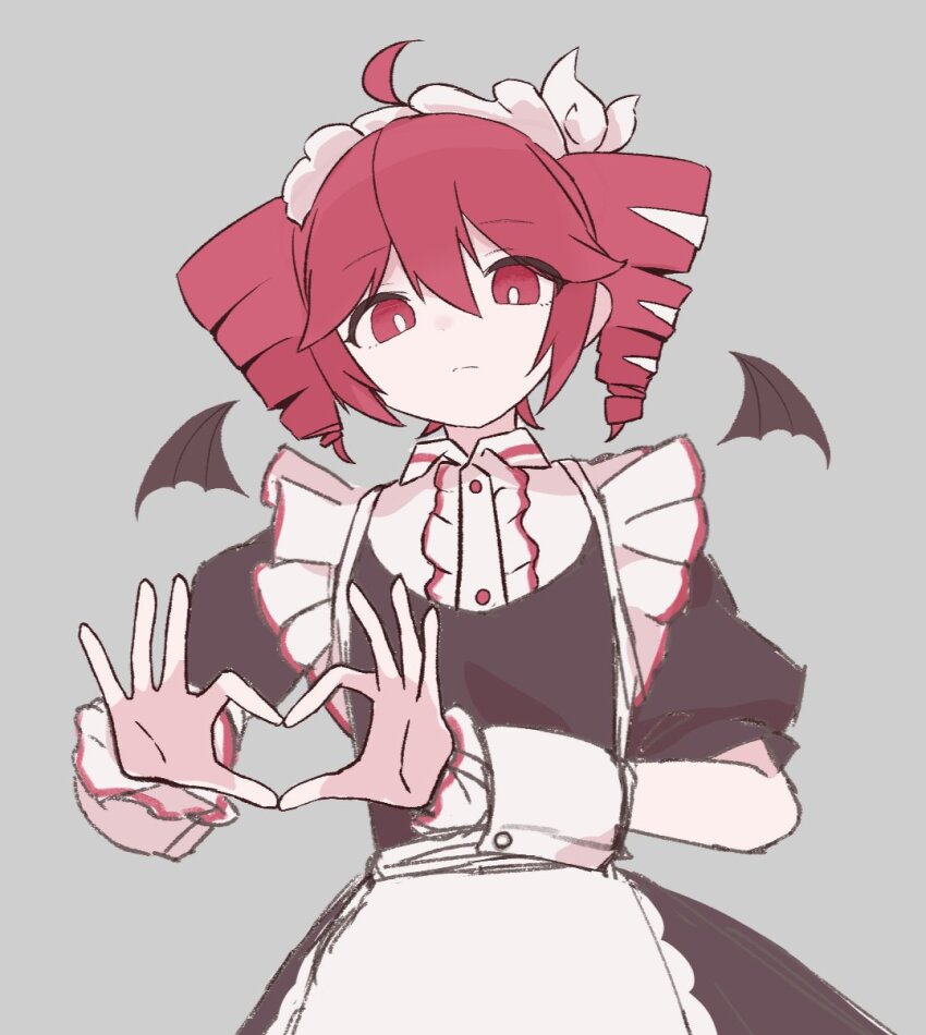 1girl, ahoge, apron, bat_wings, black_dress, closed_mouth, dress, drill_hair