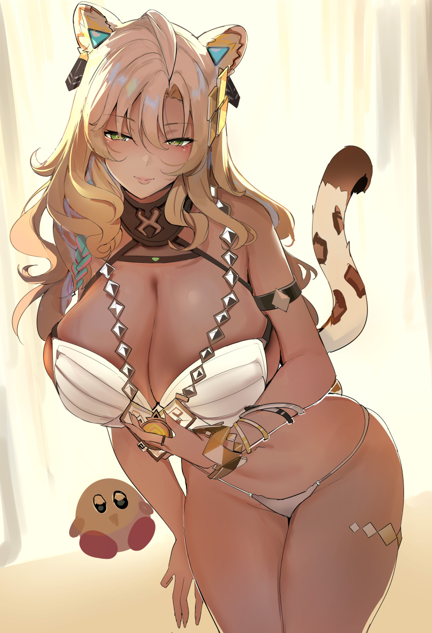 1girl, absurdres, animal_ears, arm_strap, bikini, blonde_hair, bracelet, breasts