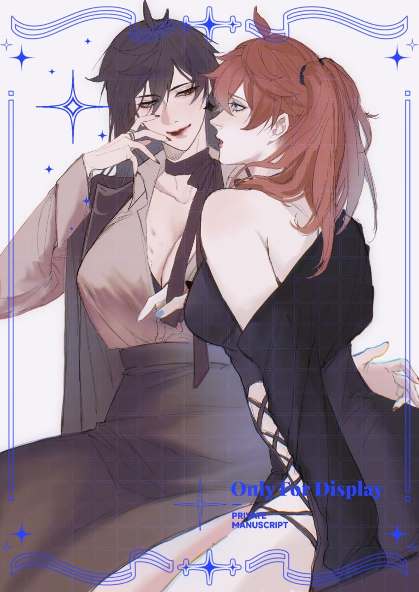 2girls, alternate_costume, alternate_hairstyle, bare_shoulders, black_dress, breasts, cleavage, dress
