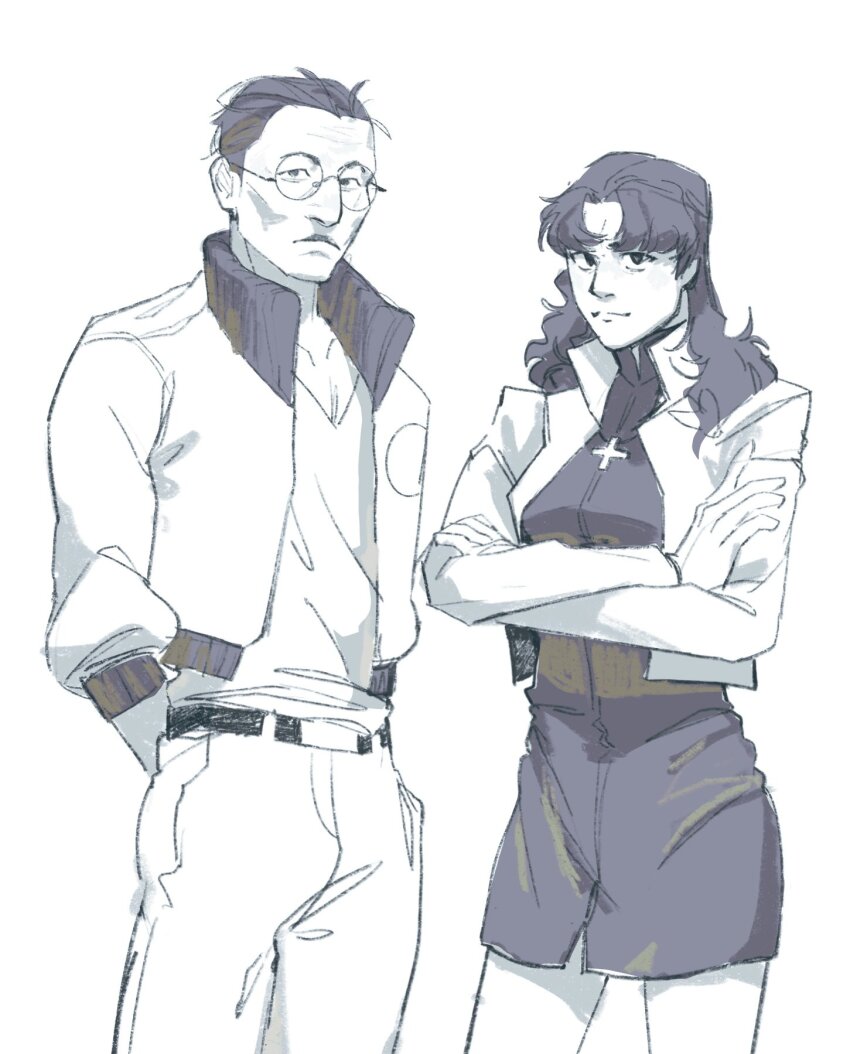 1boy, 1girl, arms_behind_back, black_eyes, black_shirt, cowboy_shot, cross, cross_necklace, crossed_arms, crossover, disco_elysium, glasses, greyscale, highres, jacket, jewelry, katsuragi_misato, kim_kitsuragi, long_hair, looking_at_viewer, monochrome, necklace, neon_genesis_evangelion, pencil_skirt, shirt, short_hair, simple_background, skirt, standing, tasteless_case, white_background