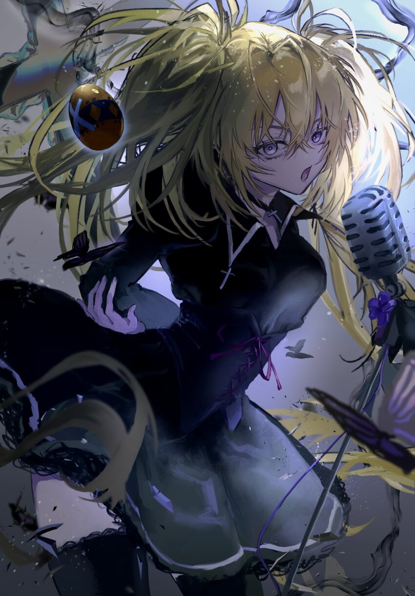 1girl, arms_behind_head, black_dress, black_thighhighs, blonde_hair, bug, butterfly, collared_dress, dress, hair_between_eyes, hashtag-only_commentary, highres, hoshina_utau, hozo_nanata, insect, looking_at_viewer, microphone, music, open_mouth, purple_eyes, shugo_chara!, singing, solo, thighhighs, twintails, vintage_microphone, x-egg_(shugo_chara!)