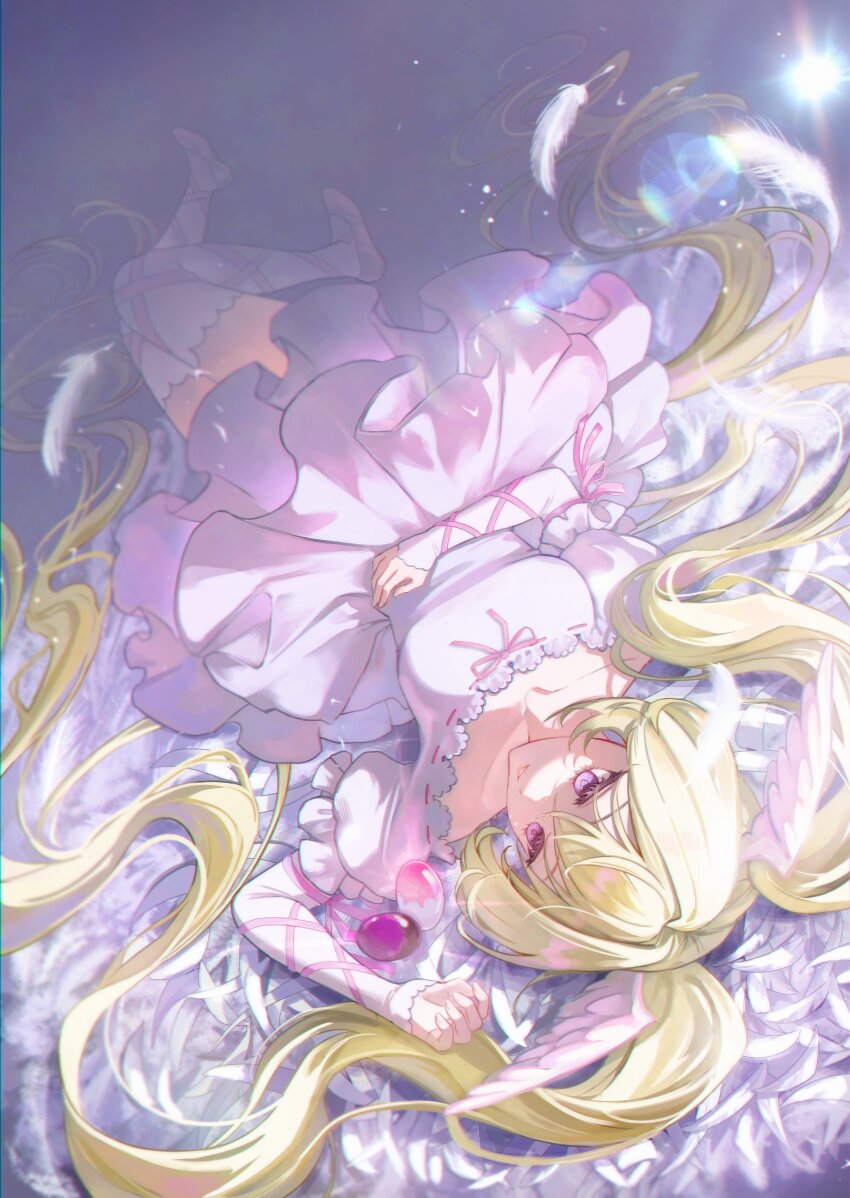 1girl, absurdres, blonde_hair, dress, egg, feathers, hair_between_eyes, hair_spread_out, hashtag-only_commentary, highres, hoshina_utau, long_sleeves, lying, magical_girl, on_back, pink_dress, pluby_v, purple_eyes, shugo_chara!, sidelocks, solo, thighhighs, twintails, white_feathers, wings