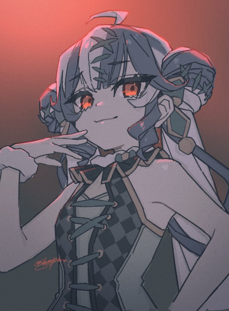 1girl, ahoge, bare_shoulders, blue_hair, closed_mouth, double_bun, dress, flat_chest