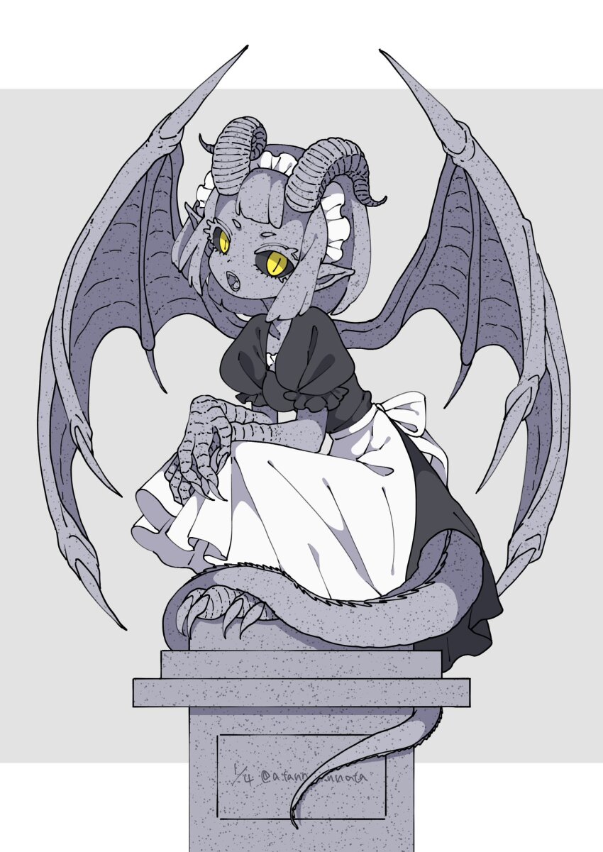 1girl, animal_feet, animal_hands, apron, atann_nnata, black_dress, black_sclera, claws, colored_sclera, colored_skin, commentary_request, dragon_girl, dragon_horns, dragon_tail, dragon_wings, dress, full_body, gargoyle, grey_background, grey_hair, grey_skin, highres, horns, looking_at_viewer, maid, maid_headdress, monster_girl, original, pointy_ears, puffy_short_sleeves, puffy_sleeves, short_hair, short_sleeves, simple_background, slit_pupils, solo, squatting, tail, tail_wrap, waist_apron, white_apron, wings, yellow_eyes