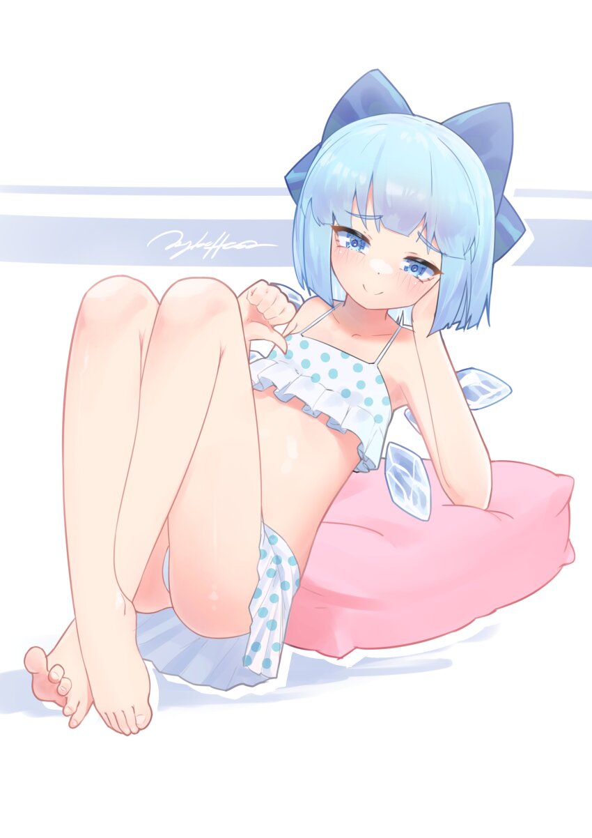 1girl, absurdres, ass, bare_legs, barefoot, blue_bow, blue_eyes, blue_hair