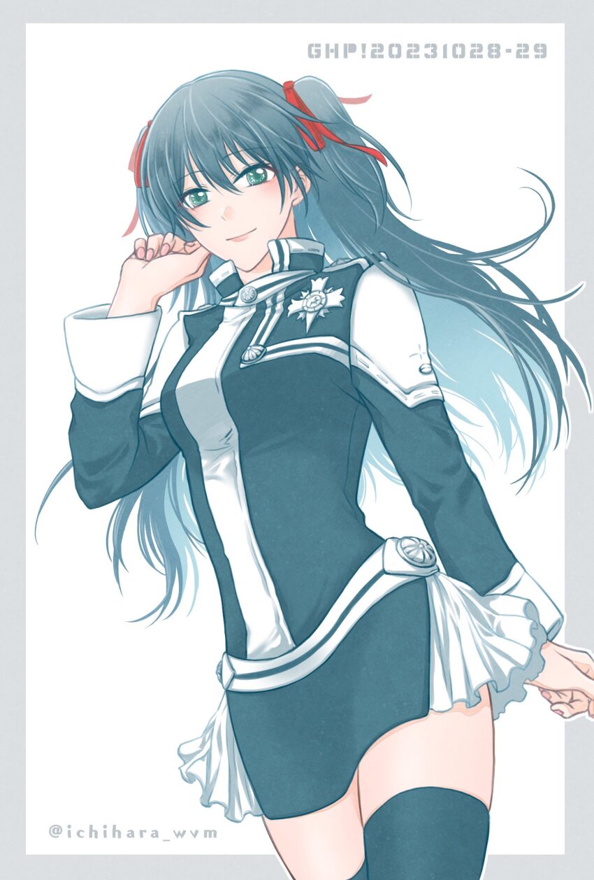 1girl, asukawvm, badge, black_coat, black_hair, black_order_uniform, black_skirt, black_thighhighs, blush, coat, d.gray-man, green_eyes, hair_ribbon, highres, lenalee_lee, light_smile, long_hair, looking_at_viewer, miniskirt, red_ribbon, ribbon, short_twintails, signature, skirt, solo, thighhighs, thighs, twintails, zettai_ryouiki