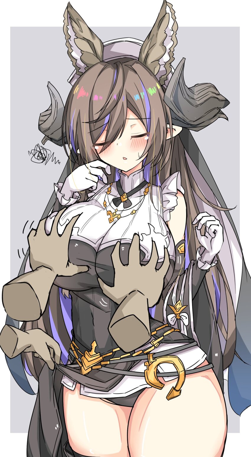 1girl, absurdres, animal_ears, blush, breasts, brown_hair, closed_eyes, clothes_lift