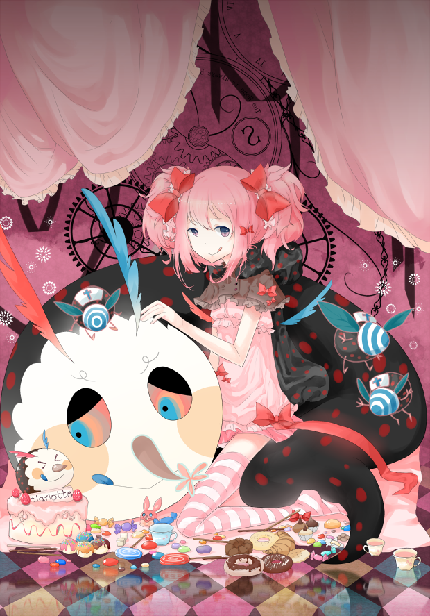 10s, 1girl, bad_id, bad_pixiv_id, cake, charlotte_(madoka_magica), checkered_floor, cup