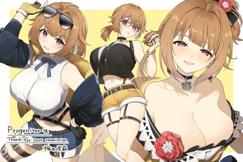 1girl, bear_necklace, belt, black_belt, black_gloves, black_tank_top, blue_shorts, breasts