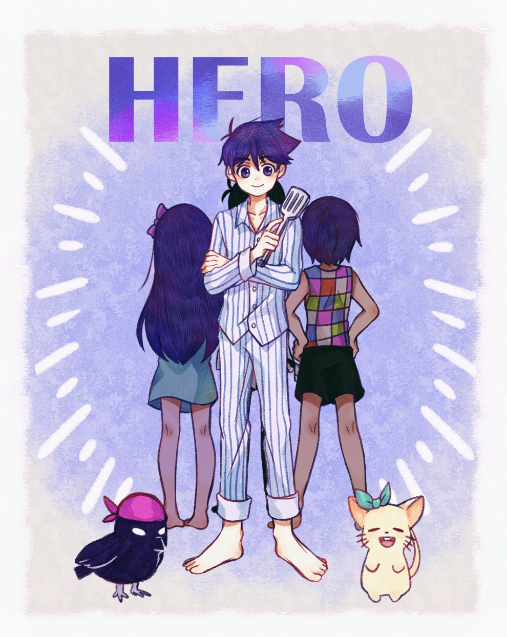 1girl, 3boys, antenna_hair, aubrey_(headspace)_(omori), aubrey_(omori), back-to-back, bare_arms, bare_shoulders, barefoot, black_hair, black_shorts, blue_background, border, bow, brothers, character_name, checkered_clothes, closed_mouth, collarbone, collared_shirt, commentary_request, crossed_arms, crow_(omori), ems_(omori), full_body, hair_bow, hands_on_own_hips, hero_(headspace)_(omori), hero_(omori), highres, holding, holding_spatula, kel_(headspace)_(omori), kel_(omori), kneepits, linglanjunying, long_hair, long_sleeves, looking_at_viewer, multiple_boys, omori, omori_(omori), pants, pink_bow, purple_eyes, purple_hair, shirt, short_hair, shorts, siblings, simple_background, smile, spatula, standing, striped_clothes, striped_pants, striped_shirt, tank_top, vertical-striped_clothes, vertical-striped_pants, vertical-striped_shirt, white_border, white_pants, white_shirt