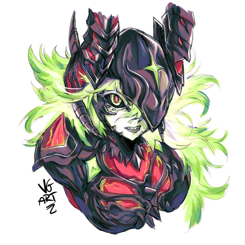 1girl, absurdres, armor, black_armor, black_helmet, black_sclera, breasts, close-up