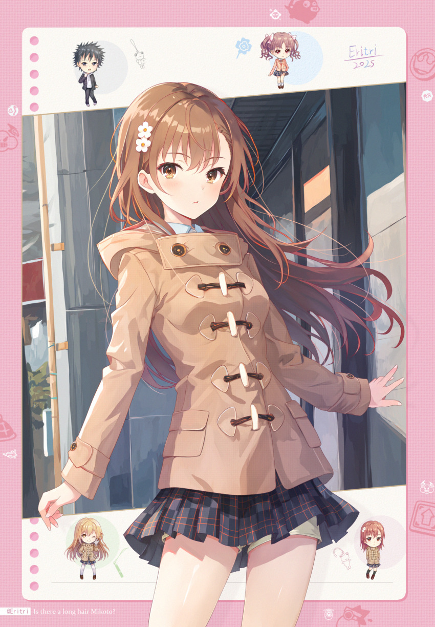 1boy, 3girls, adapted_costume, alternate_hair_length, alternate_hairstyle, artist_name, asymmetrical_bangs, black_hair, black_skirt, blonde_hair, brown_coat, brown_hair, brown_jacket, chibi, chibi_inset, chinese_commentary, closed_mouth, coat, commentary, commentary_request, dated, english_text, eritri, gekota, hair_ornament, hairpin, highres, jacket, kamijou_touma, long_hair, long_sleeves, looking_at_viewer, misaka_mikoto, mixed-language_commentary, multiple_girls, outdoors, plaid_clothes, plaid_skirt, school_uniform, shirai_kuroko, shokuhou_misaki, short_hair, short_shorts, shorts, shorts_under_skirt, skirt, spiked_hair, toaru_majutsu_no_index, toaru_majutsu_no_index:_new_testament, tokiwadai_school_uniform, white_shorts, winter_uniform