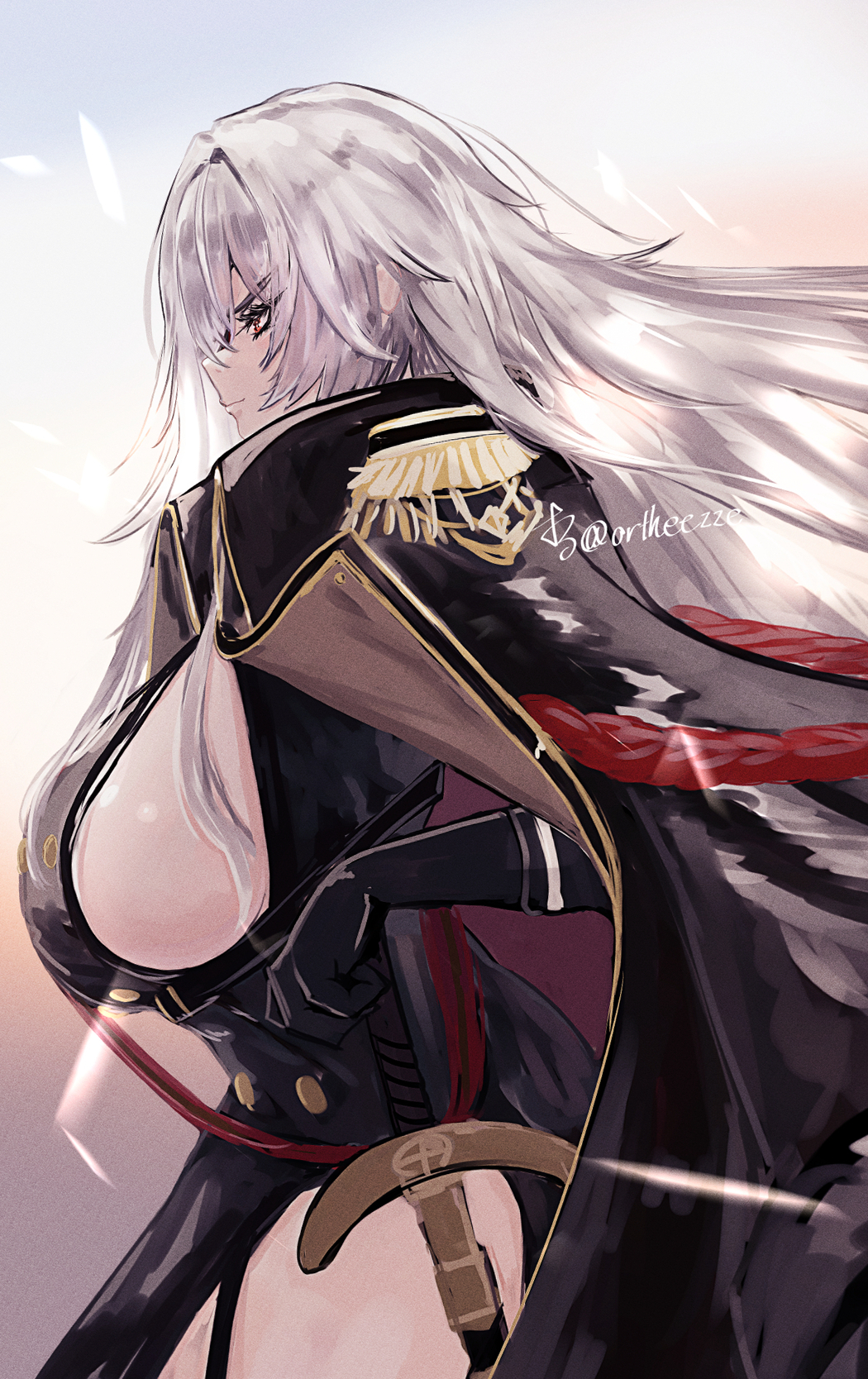 1girl, azur_lane, black_coat, black_garter_straps, breasts, coat, coat_on_shoulders, epaulettes