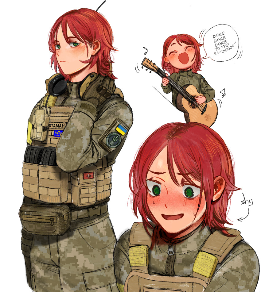 1boy, acoustic_guitar, ammunition, ammunition_pouch, androgynous, armband, blush, bulletproof_vest, chibi, commentary, commission, commissioner_upload, cyrillic, english_commentary, frown, gloves, green_eyes, guitar, hand_on_headphones, headphones, headphones_around_neck, highres, holding, holding_guitar, holding_instrument, idi_nahui, instrument, international_legion_of_ukraine, kenneth_del_duca, long_hair, long_sleeves, looking_at_viewer, male_focus, military_combat_uniform, military_fatigues, military_uniform, multiple_views, music, non-web_source, open_mouth, original, playing_guitar, playing_instrument, pouch, red_hair, reference_sheet, russo-ukrainian_war, singing, soldier, speech_bubble, switzerland, transparent, transparent_background, trap, ukraine, ukrainian_flag, ukrainian_text, usergore, walkie-talkie, war, yellow_armband