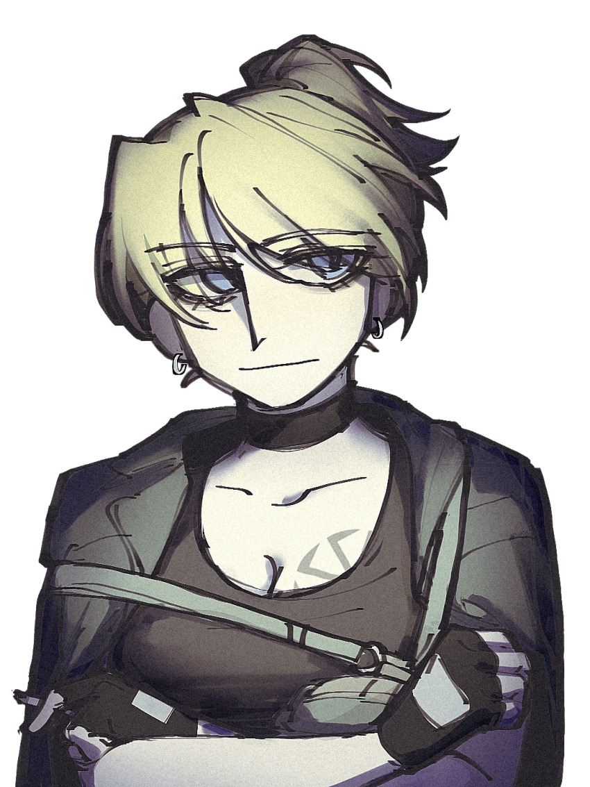 1girl, :|, black_choker, blonde_hair, blue_eyes, breasts, chen_feng_(slbdofcl), choker, cigarette, cleavage, closed_mouth, collarbone, commission, commissioner_upload, crossed_arms, darya_karamazova, earrings, high_ponytail, highres, holding, holding_cigarette, hoop_earrings, jacket, jewelry, kolovrat_(symbol), looking_to_the_side, military_jacket, non-web_source, original, ponytail, silver_earrings, tank_top, tattoo, transparent_background