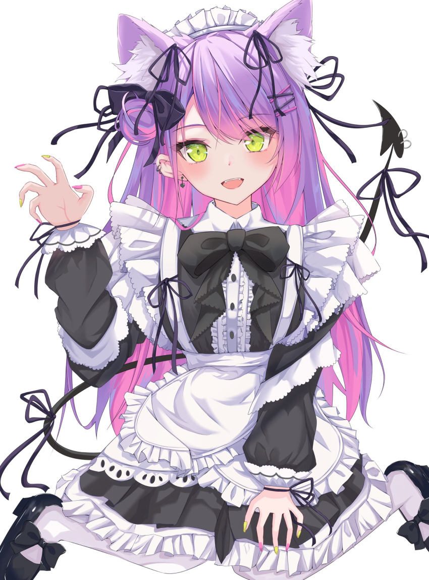 1girl, ;d, alternate_costume, animal_ear_fluff, animal_ears, apron, black_ribbon, black_shirt, black_skirt, blush, bow, cat_ears, center_frills, claw_pose, colored_inner_hair, commentary, demon_girl, demon_tail, ear_piercing, earrings, enmaided, footwear_bow, frilled_apron, frills, full_cover, gradient_hair, green_eyes, hair_bun, hair_ornament, hair_ribbon, hairclip, heart, heart_earrings, high_heels, highres, hololive, jewelry, long_hair, long_sleeves, looking_at_viewer, maid, maid_apron, maid_headdress, mary_janes, multicolored_hair, multicolored_nails, mumei_(mumeillust1123), nail_polish, official_alternate_hairstyle, one_eye_closed, open_mouth, pantyhose, petticoat, piercing, pink_hair, pink_nails, purple_hair, ribbon, shirt, shoes, single_side_bun, sitting, skirt, smile, solo, streaked_hair, swept_bangs, tail, tail_ornament, tail_piercing, tokoyami_towa, virtual_youtuber, waist_apron, wariza, white_apron, white_background, white_pantyhose, yellow_nails