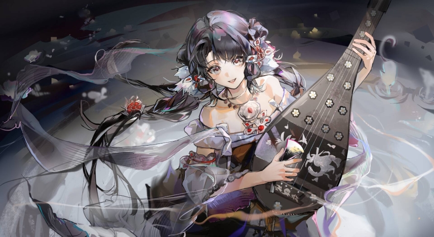 1girl, asymmetrical_bangs, bare_shoulders, black_hair, cat, character_request, collarbone, detached_sleeves