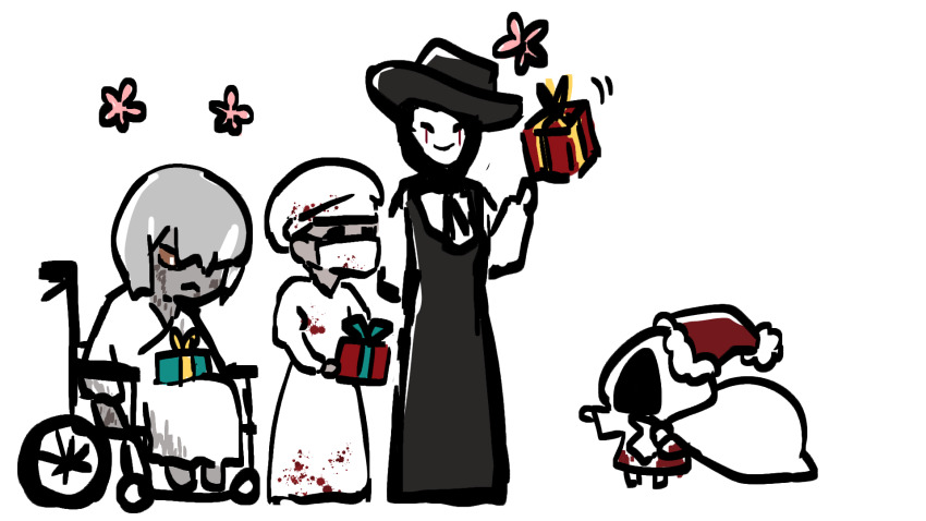 2boys, 2girls, adashino_adami, blood, blood_on_clothes, box, christmas, commentary_request