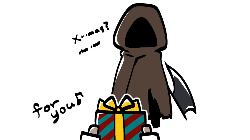 1boy, 1girl, adashino_adami, axe, box, brown_cloak, christmas, cloak