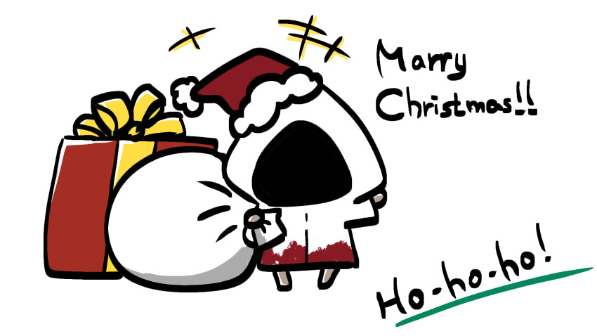 +++, adashino_adami, blood, blood_on_clothes, box, christmas, commentary_request, english_text